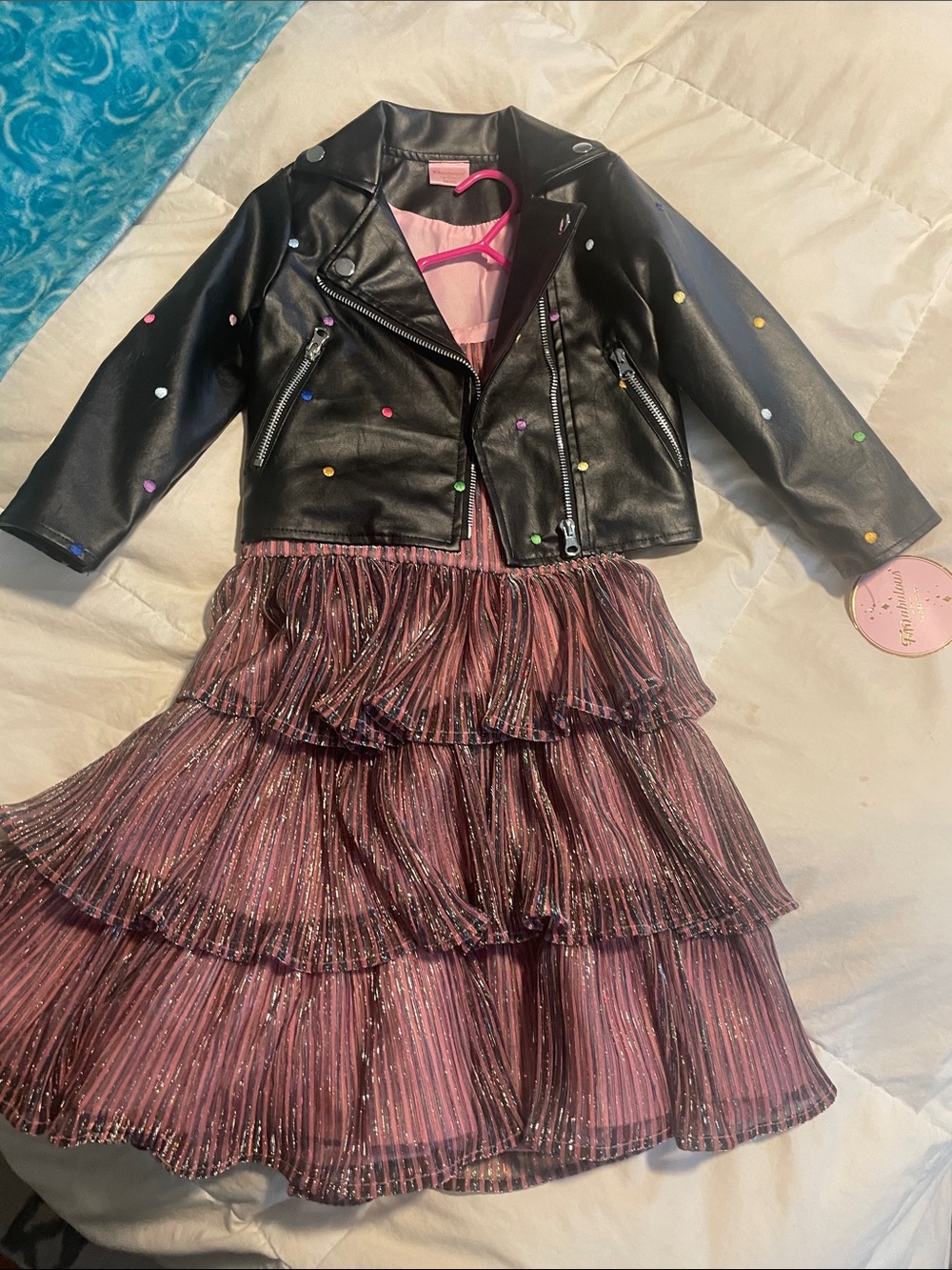 NWT FAO Schwartz Girls Black Faux Leather Moto Jacket dress set